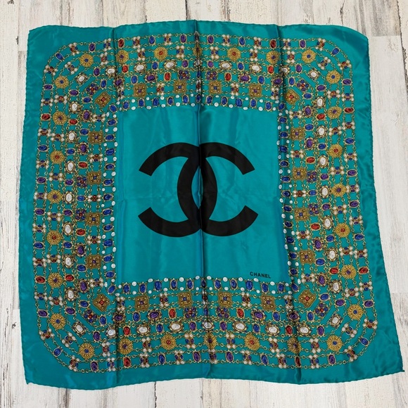 CHANEL Accessories - Chanel CC Teal Jewels Silk Scarf